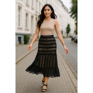LAPIS Black Tiered Ruffle Lace Maxi Skirt XL